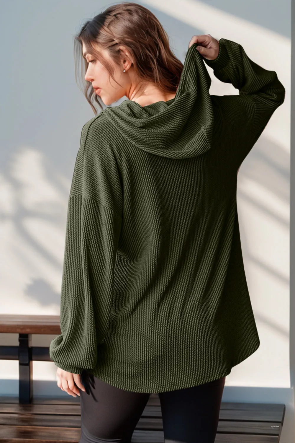 Ribbed Textured Half Button Long Sleeve Hoodie