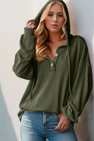 Ribbed Textured Half Button Long Sleeve Hoodie