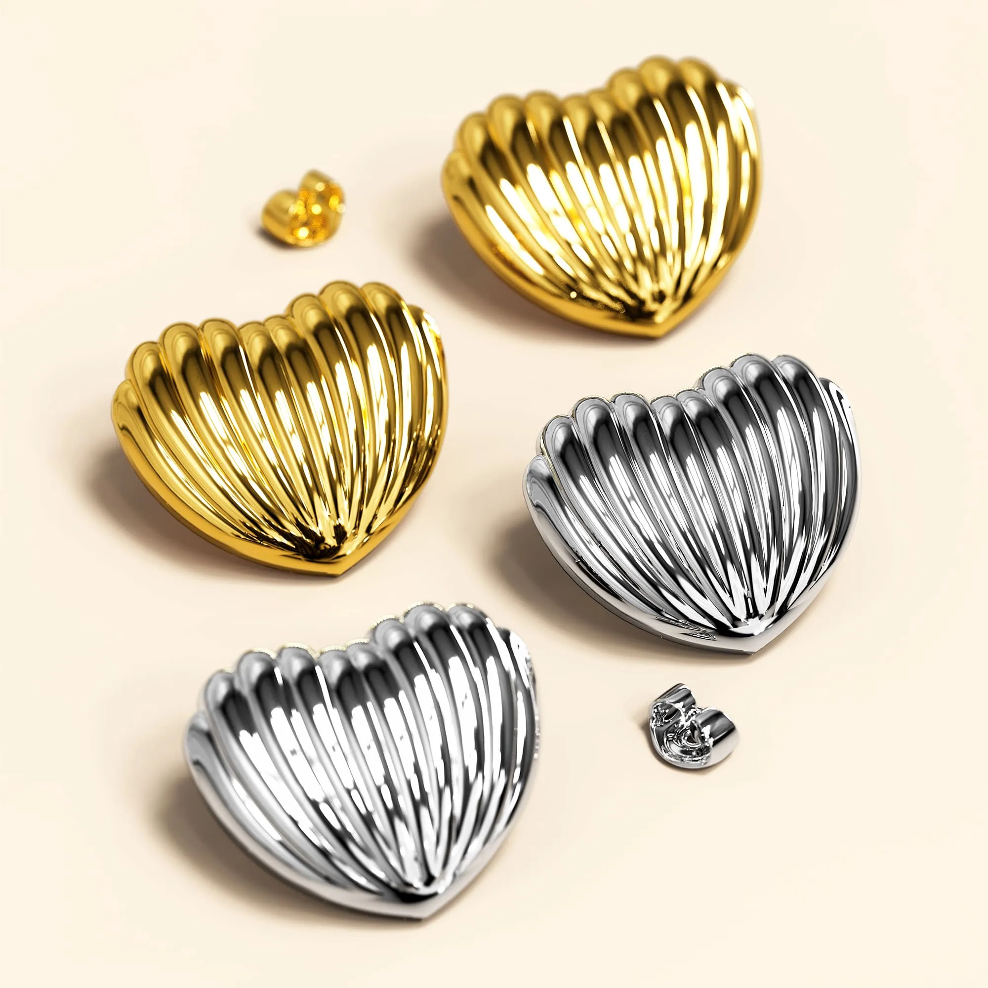 Ridged Heart White Gold layered Stud Earrings