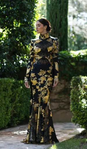 Roberto Cavalli - Editorial, As Seen on Victoria Beckham and Bar Refaeli - Iconic Long Black Dress Oriental Style Gown with Yellow Flowers - IT 40