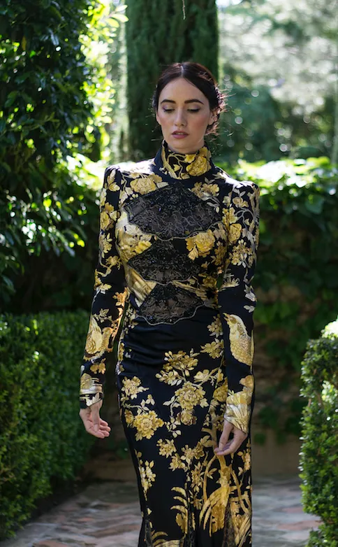 Roberto Cavalli - Editorial, As Seen on Victoria Beckham and Bar Refaeli - Iconic Long Black Dress Oriental Style Gown with Yellow Flowers - IT 40