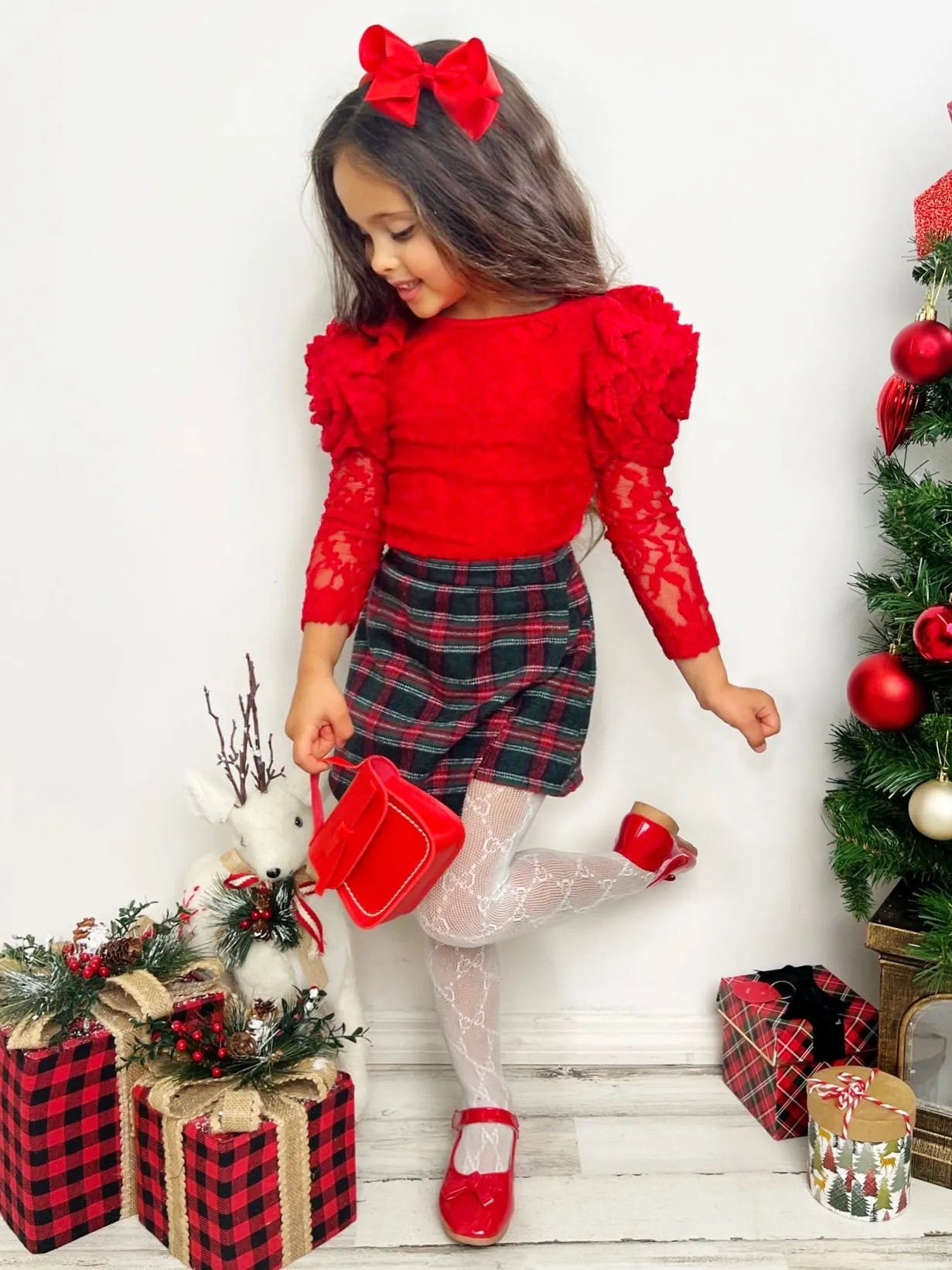 Rosy Daydream Rosette Sleeve Lace Top and Plaid Skort Set