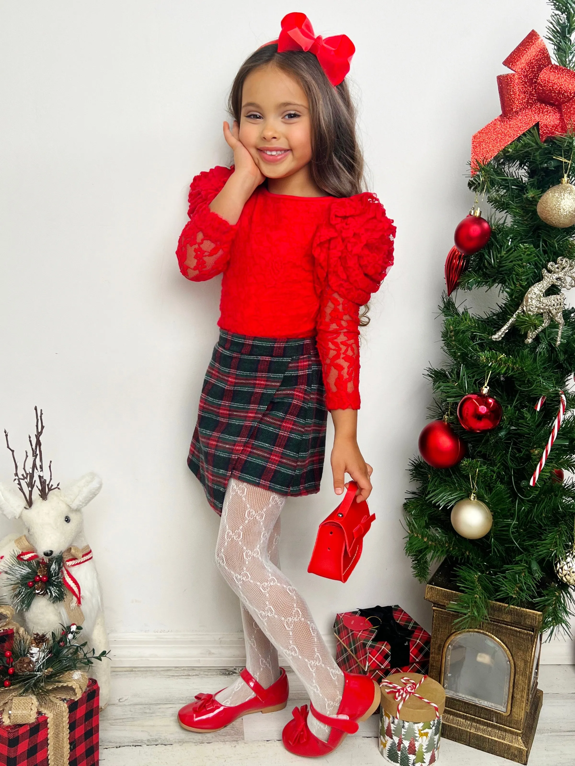 Rosy Daydream Rosette Sleeve Lace Top and Plaid Skort Set