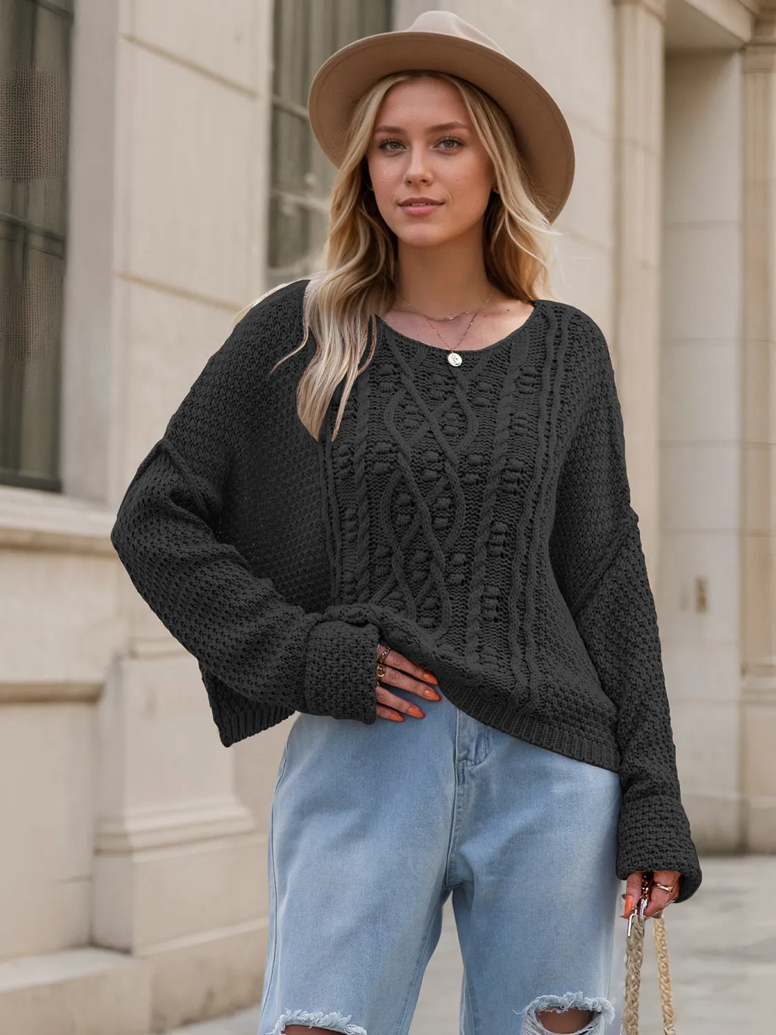 Round Neck Dropped Shoulder Long Sleeve Sweater | Winter Fashion | Cozy Weather Outfits