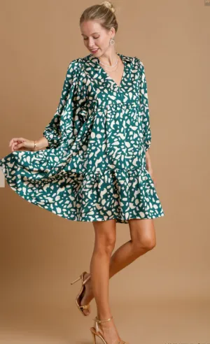 Satin Hunter Green Abstract Print Dress