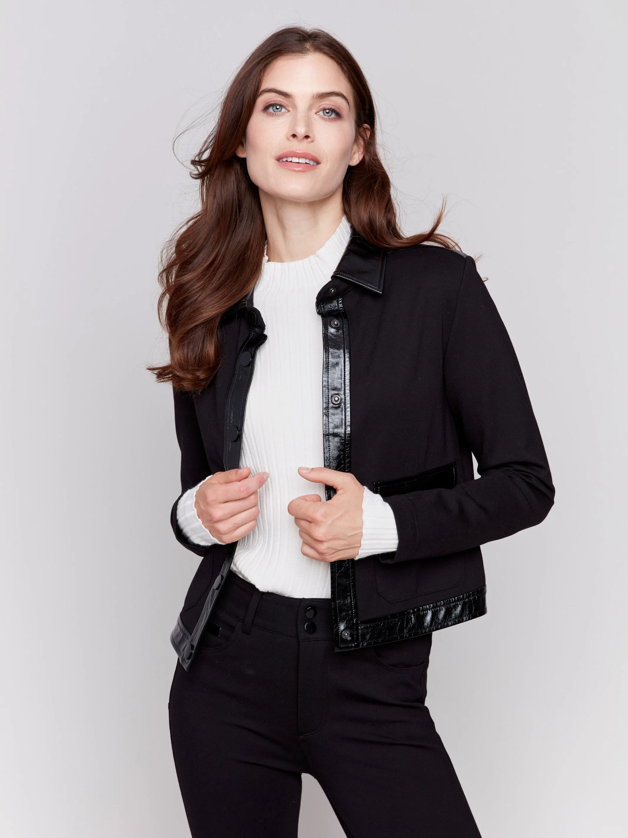 Short Ponte Knit Jacket with Vinyl Trim - Black