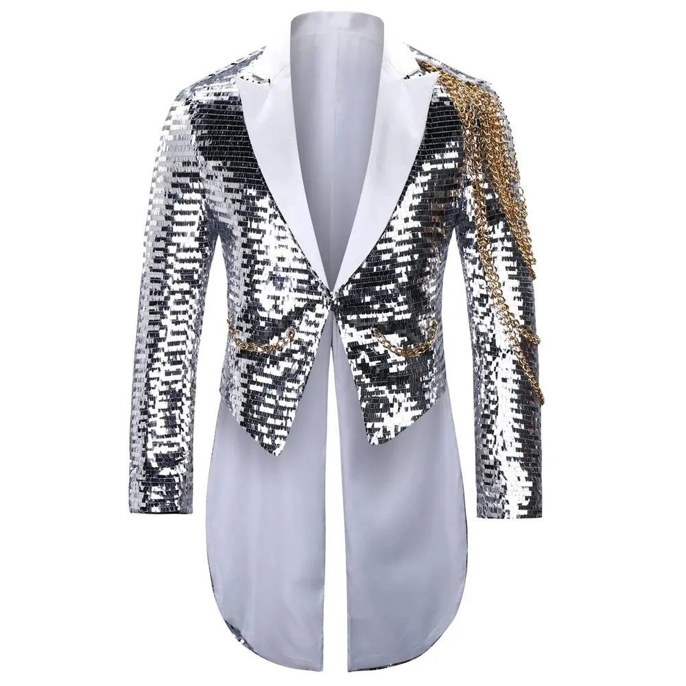 Silver Shiny Sequin Party Swallowtailed Coat