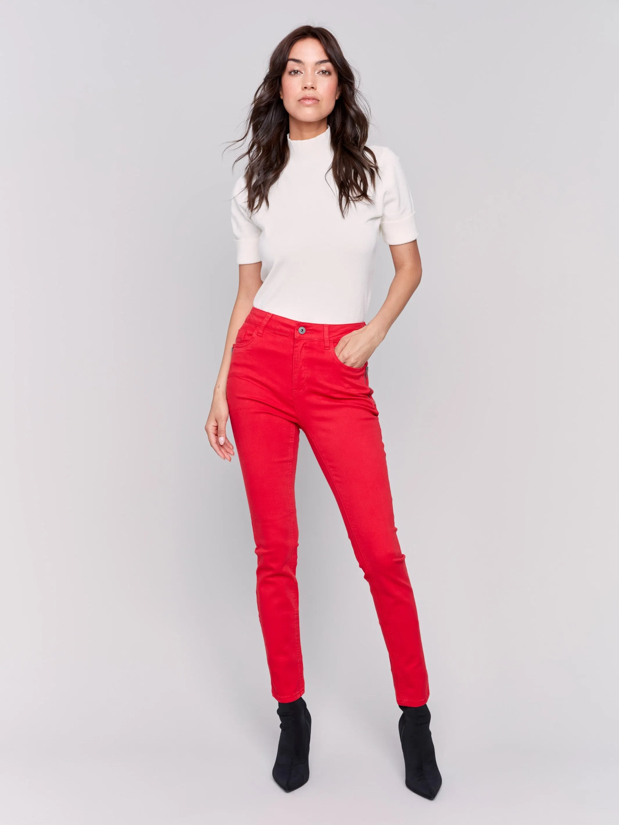 Skinny Twill Pants with Zipper Pocket Detail - Cranberry