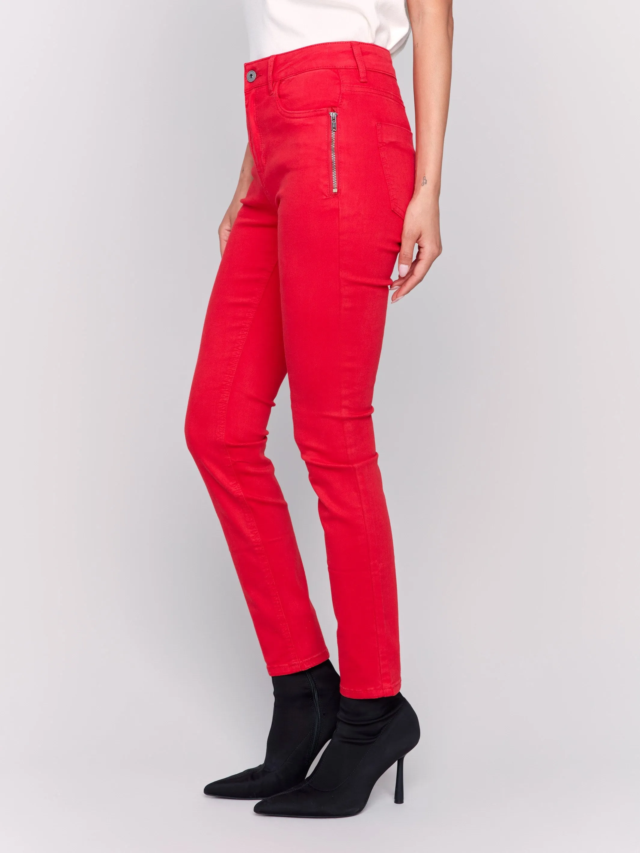 Skinny Twill Pants With Zipper Pocket Detail - Cranberry