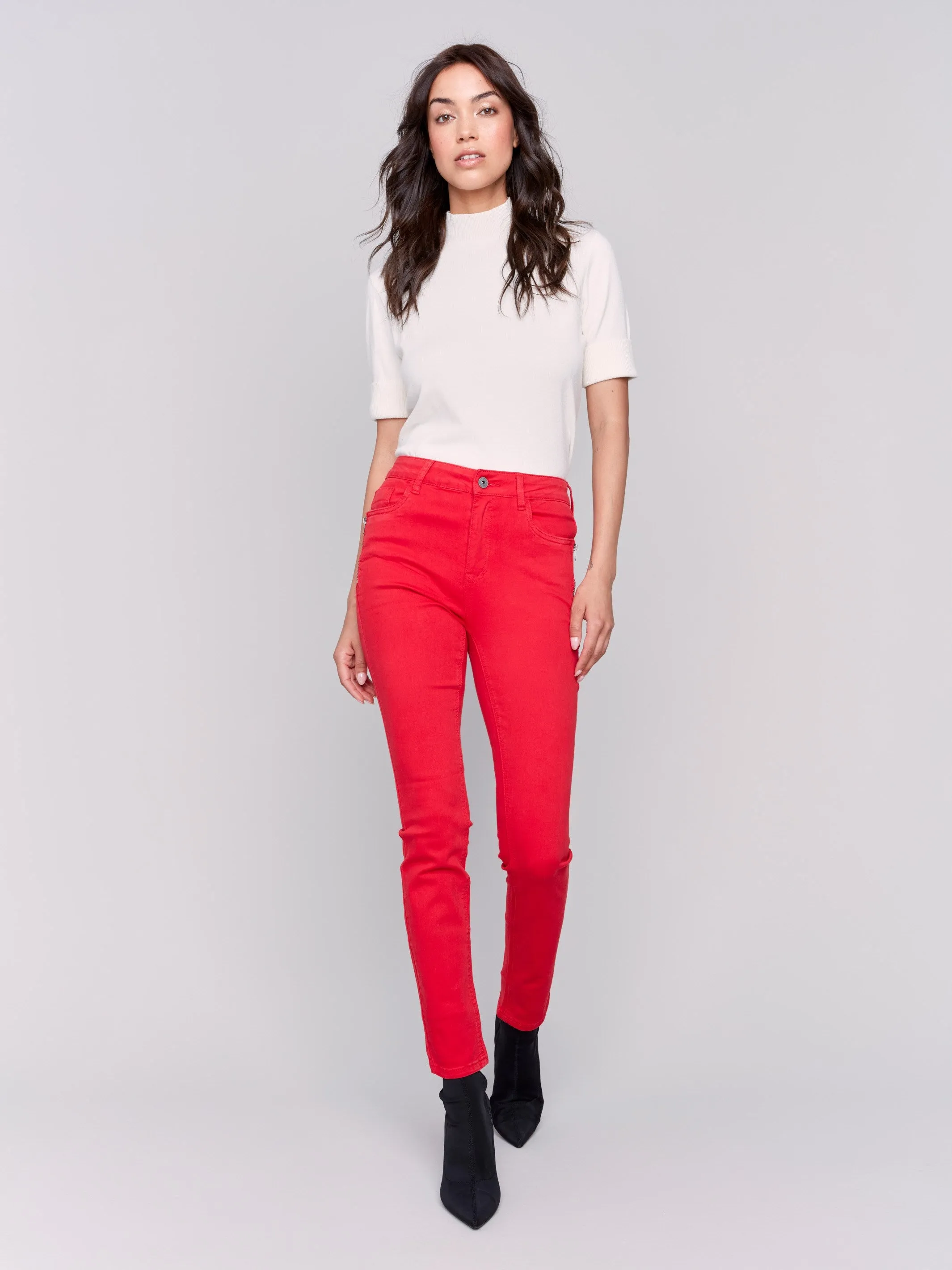 Skinny Twill Pants with Zipper Pocket Detail - Cranberry