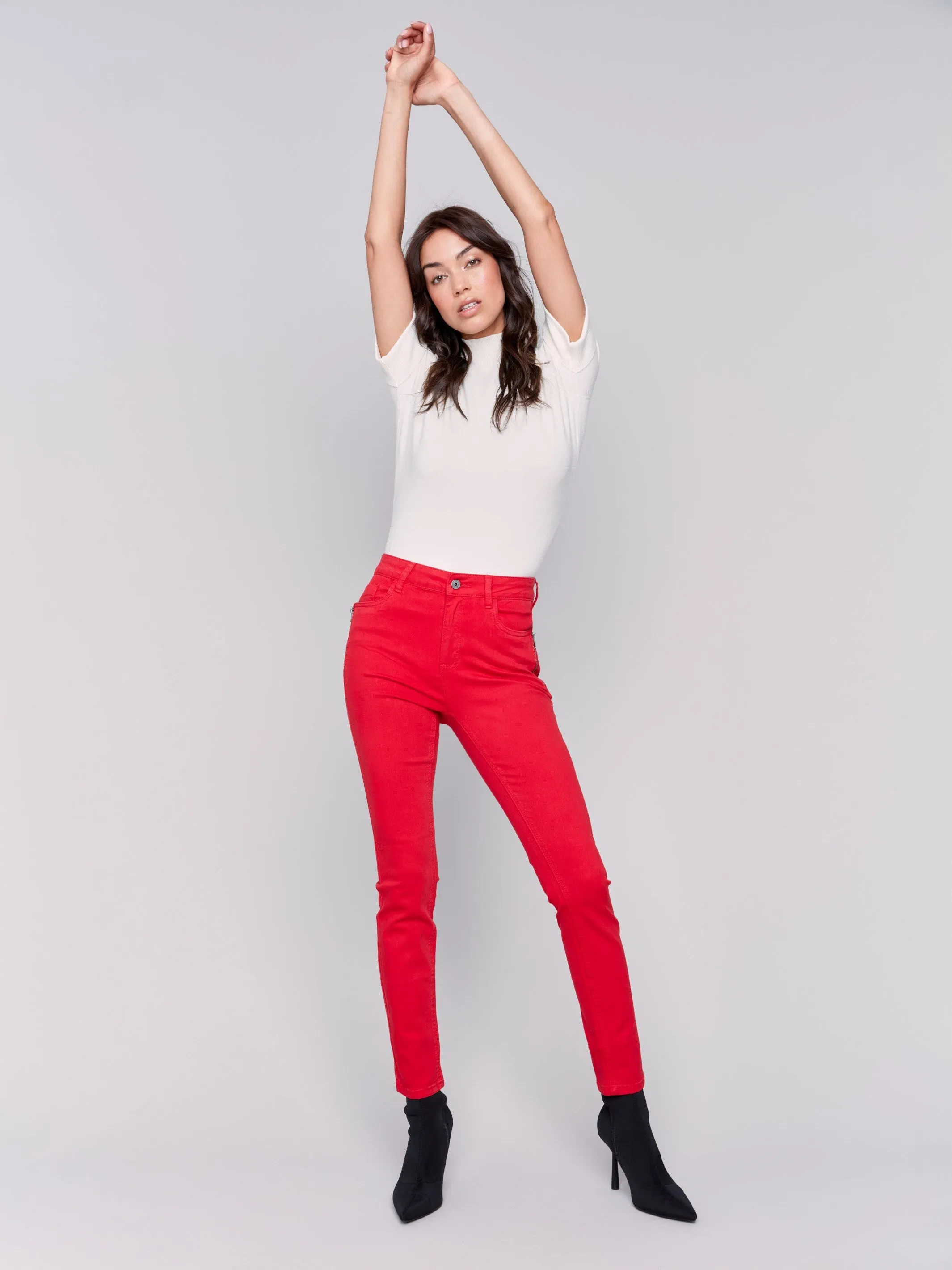 Skinny Twill Pants with Zipper Pocket Detail - Cranberry