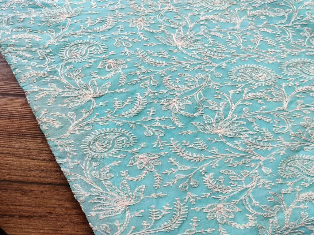 Sky Blue & White Traditional Lakhnawi Pure Georgette Fabric (Wholesale)