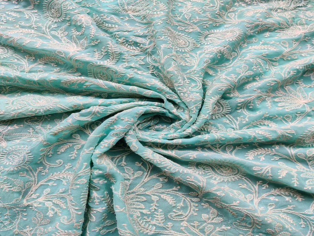 Sky Blue & White Traditional Lakhnawi Pure Georgette Fabric (Wholesale)