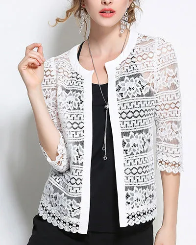 Slim-Fit Lace O-Neck Cropped Sleeve Coat