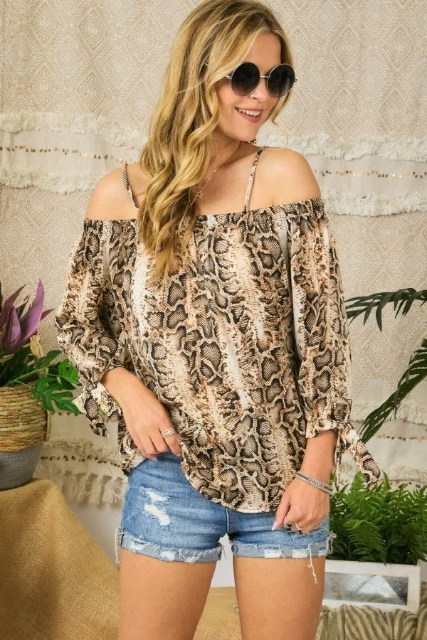 Snakeskin off the shoulder 3/4 sleeve top