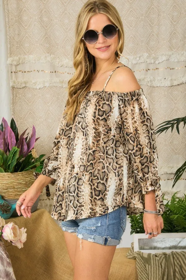 Snakeskin off the shoulder 3/4 sleeve top