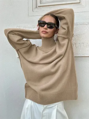 Soft Knit Mock Neck Drop Shoulders Sweater