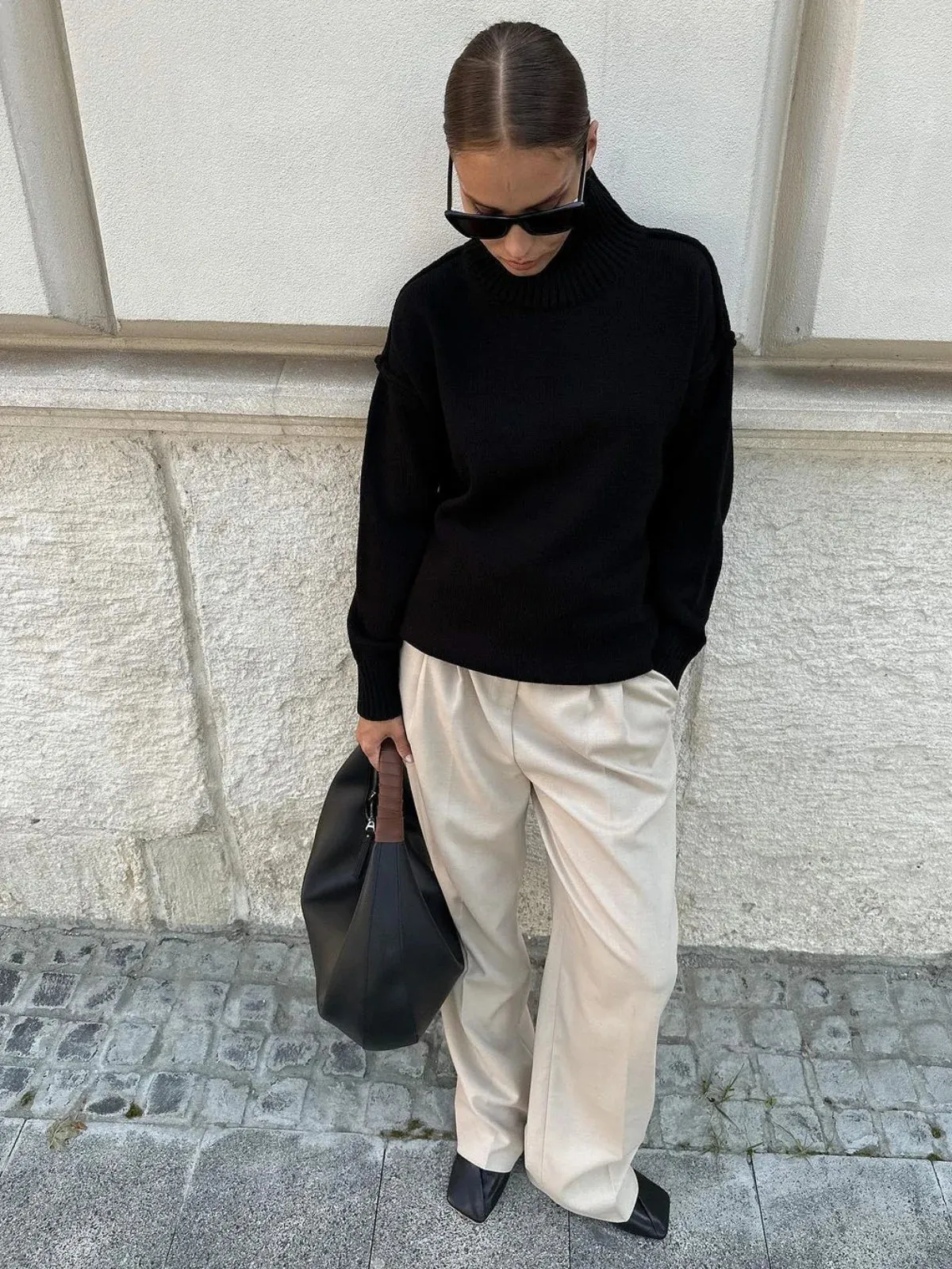 Soft Knit Mock Neck Drop Shoulders Sweater