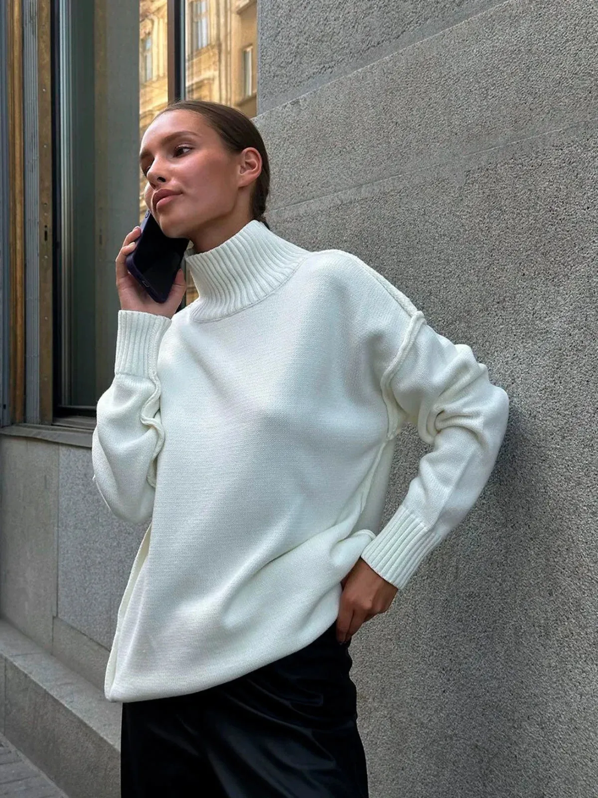 Soft Knit Mock Neck Drop Shoulders Sweater