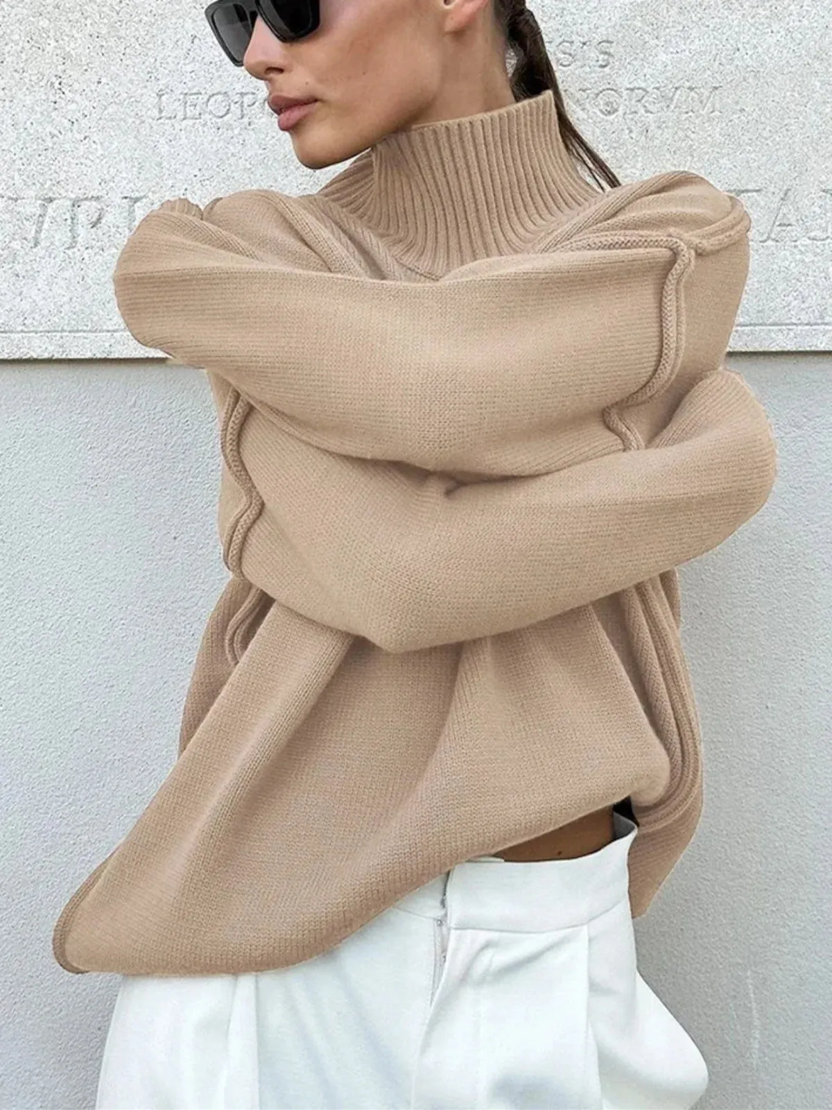 Soft Knit Mock Neck Drop Shoulders Sweater