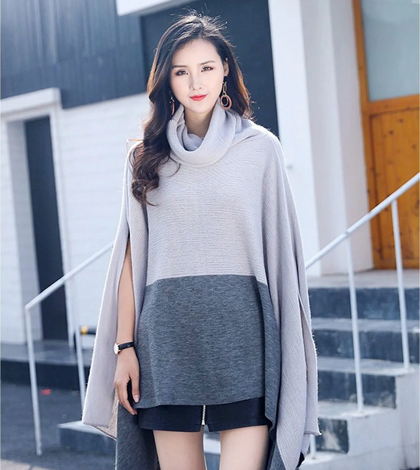 Soft Turtle Neck Poncho with Side Slits - Grey--As Is