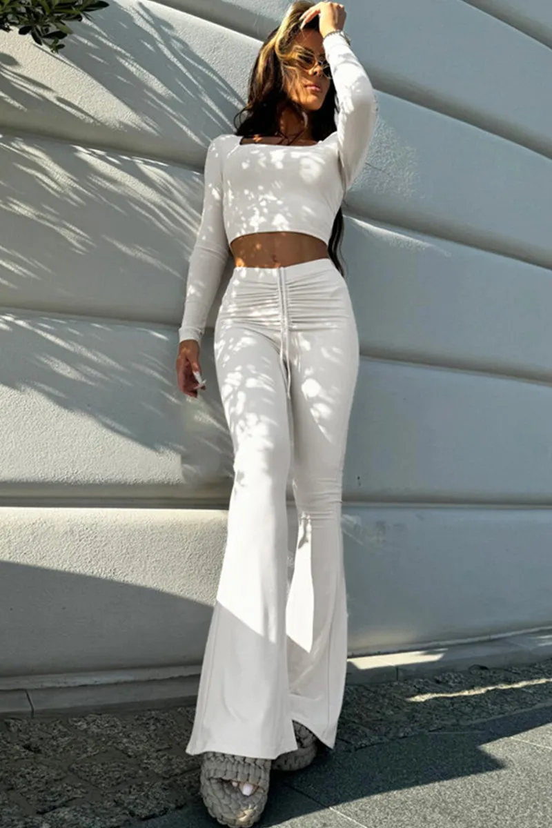 Square Neck Drawstring Ruched Flare Pants Set