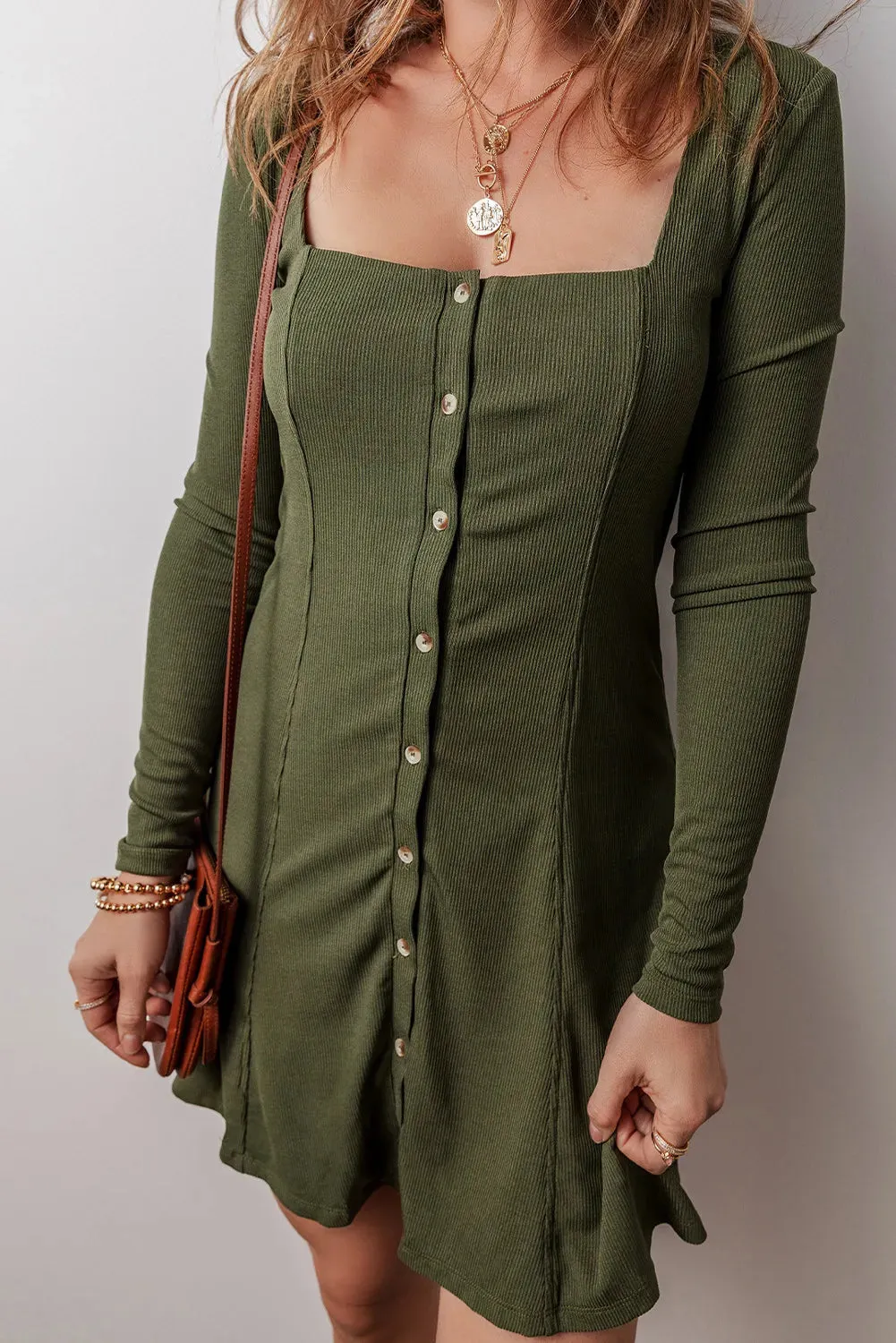 Square Neck Long Sleeve Moss Green Mini Dress | Fall Fashion