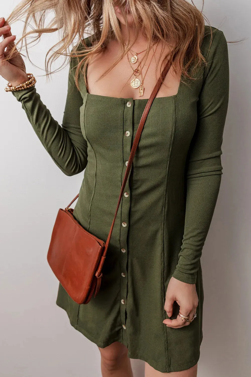 Square Neck Long Sleeve Moss Green Mini Dress | Fall Fashion