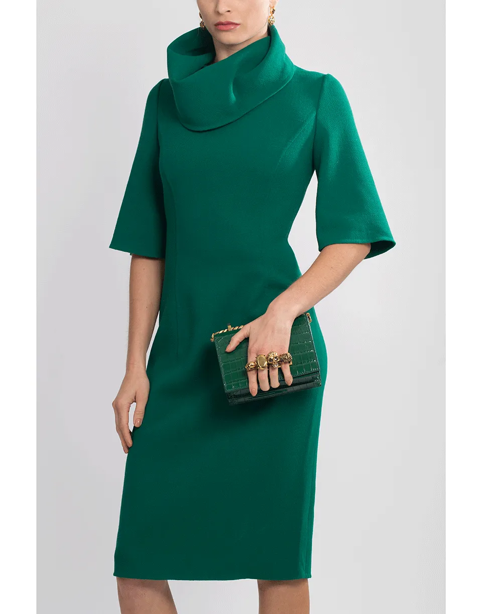 Stretch Wool Crepe Turtleneck Dress