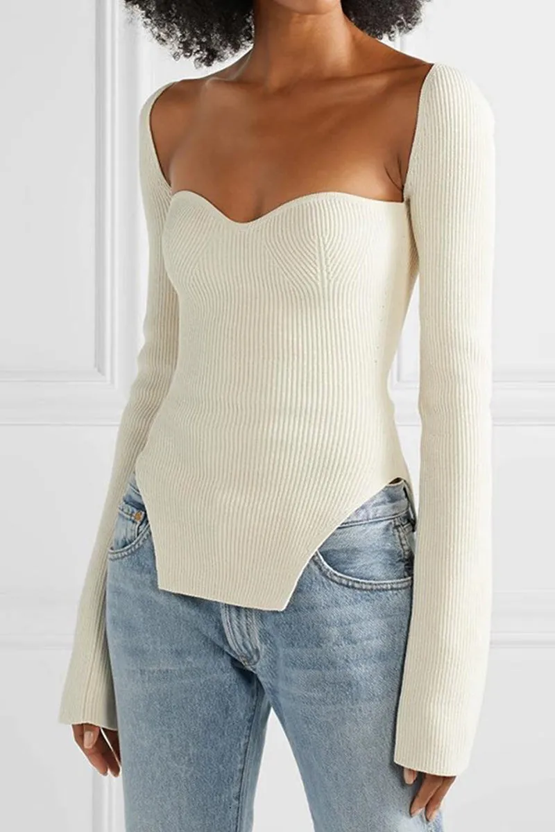 Sweetheart Neck Irregular Hem Rib Knit Sweater