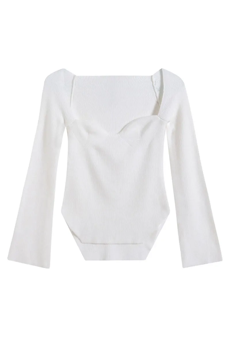 Sweetheart Neck Irregular Hem Rib Knit Sweater