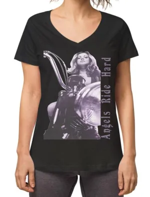 T-Shirt "Angels ride hard" WOMAN RIDE BIKE VINTAGE DESIGN PHOTO