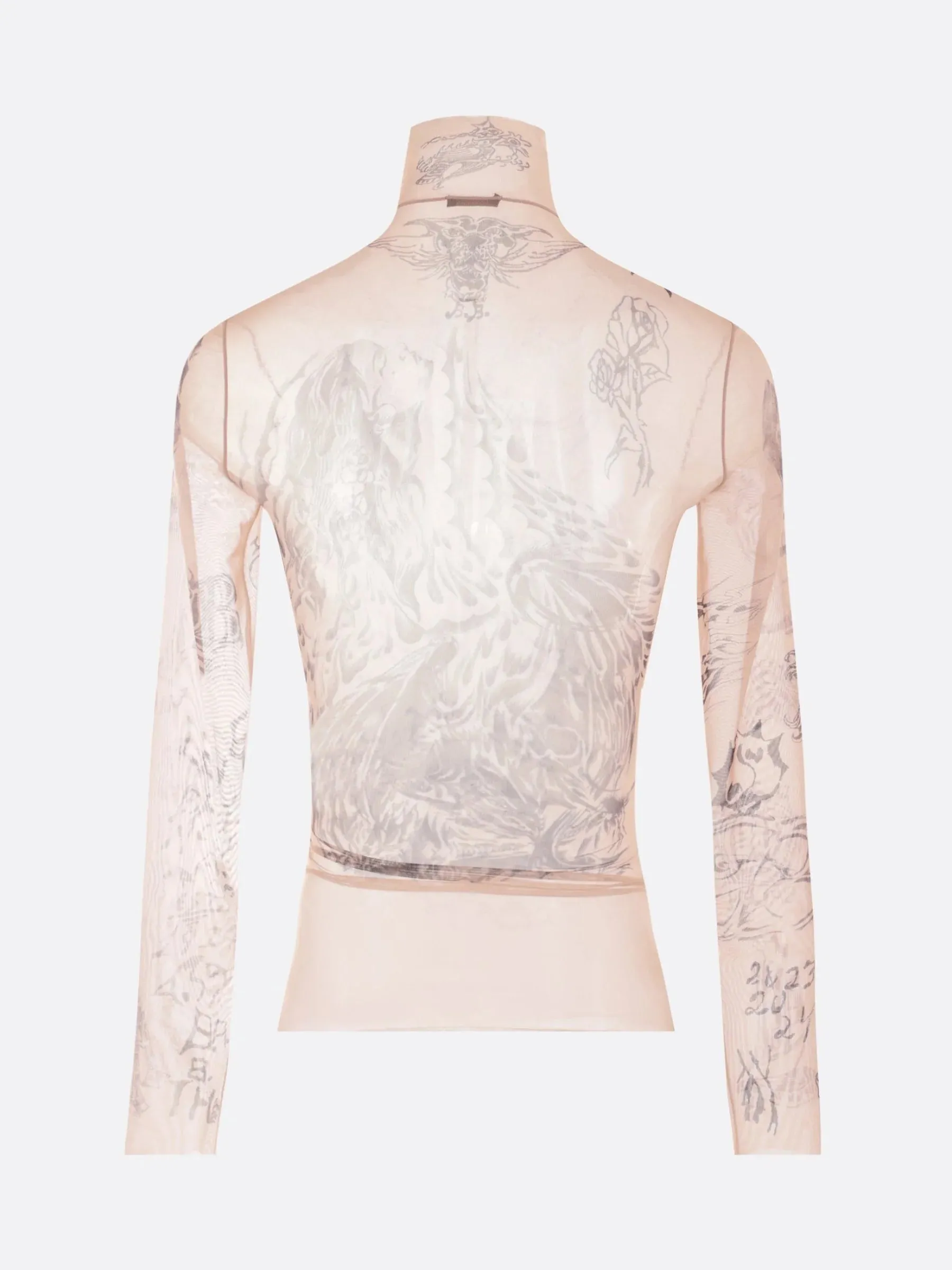 Tattoo Print Mesh Turtleneck Top