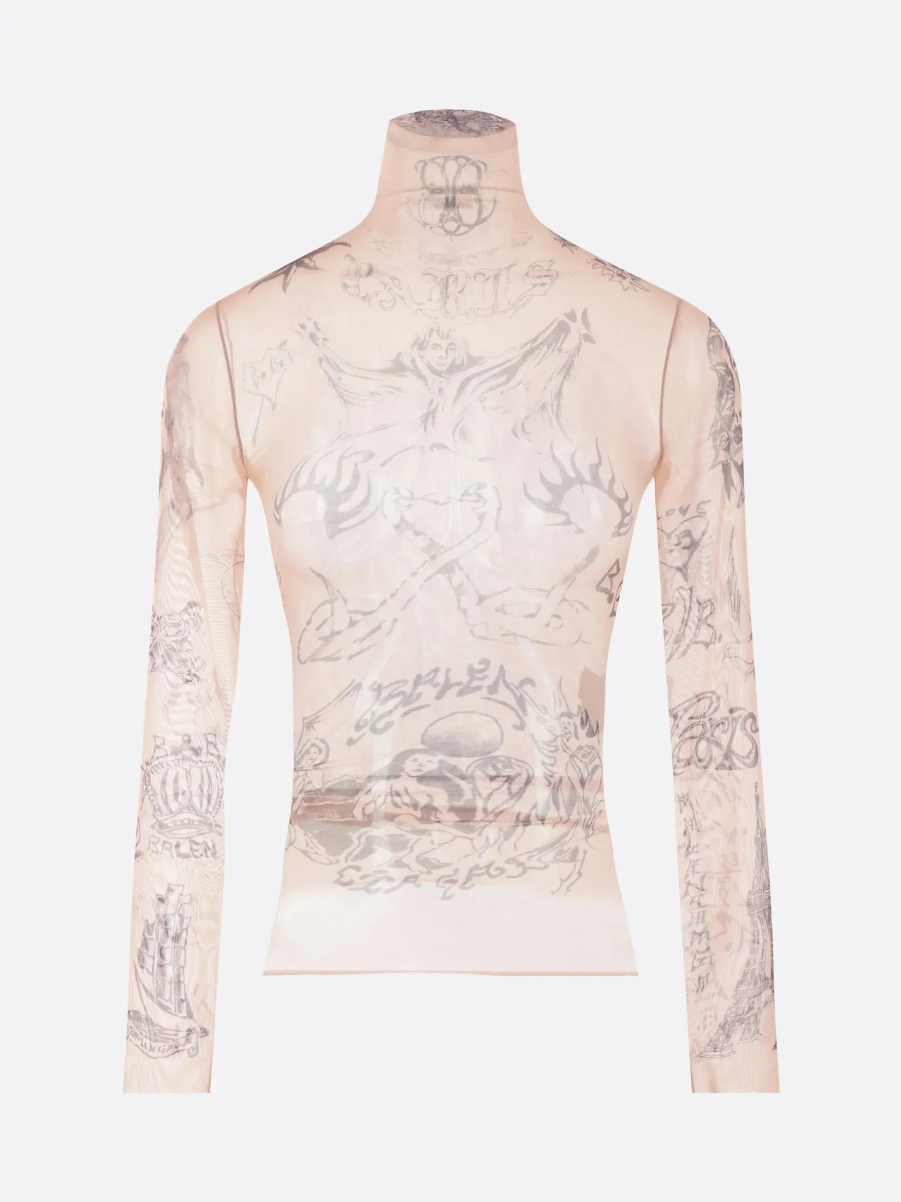 Tattoo Print Mesh Turtleneck Top