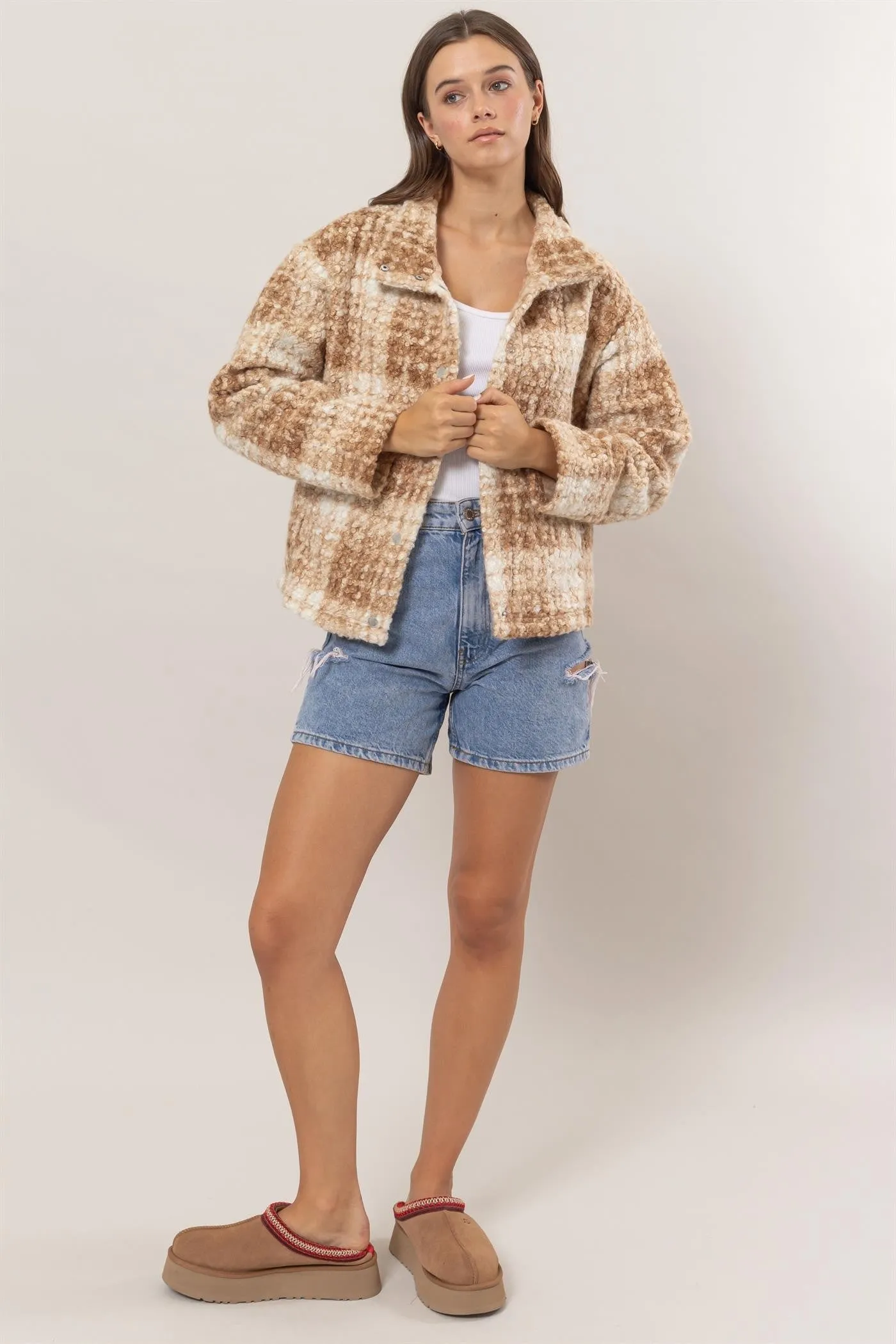 Taupe Plaid Collared Neck Boucle Jacket with Pockets