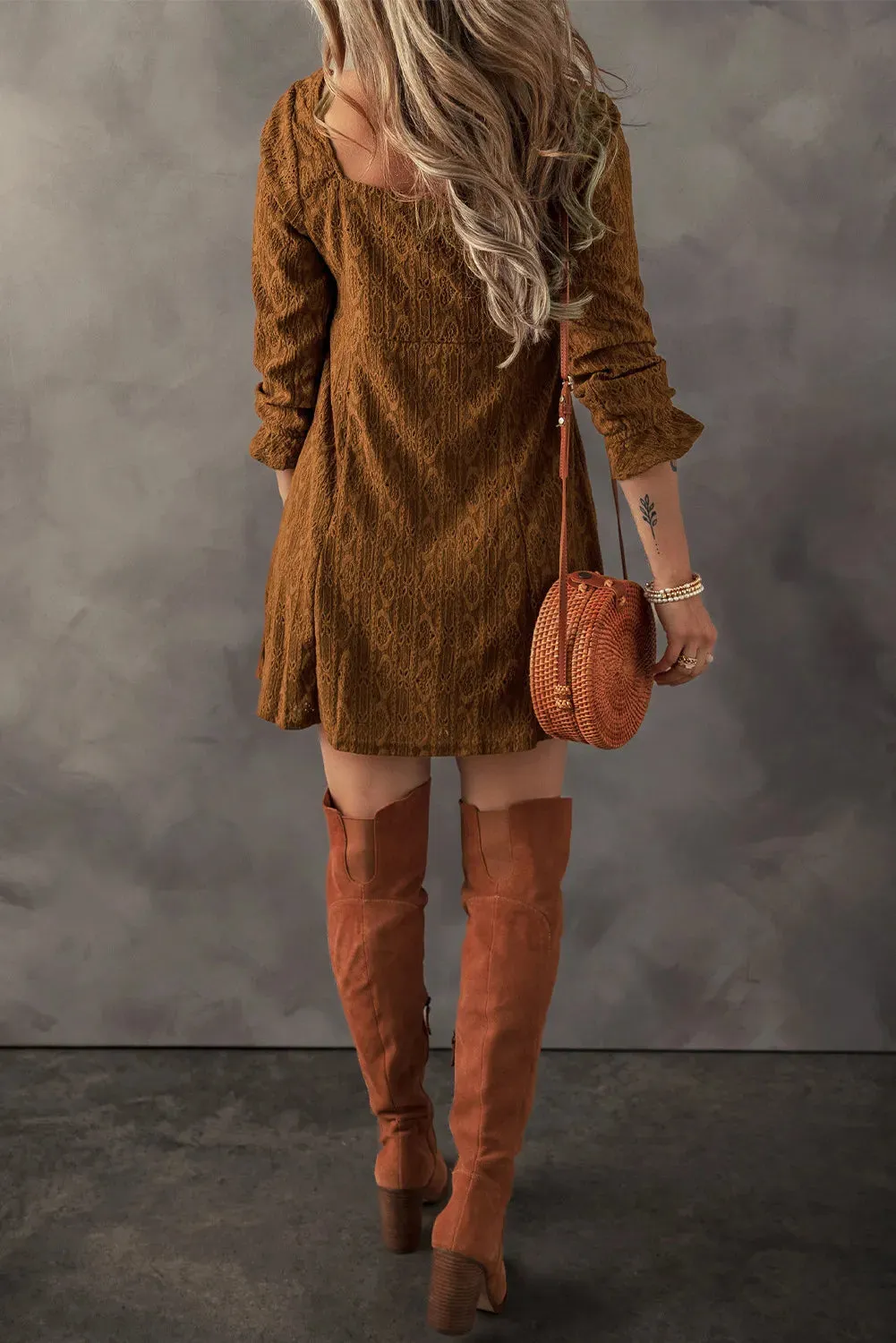 Textured Caramel Square Neck Mini Dress