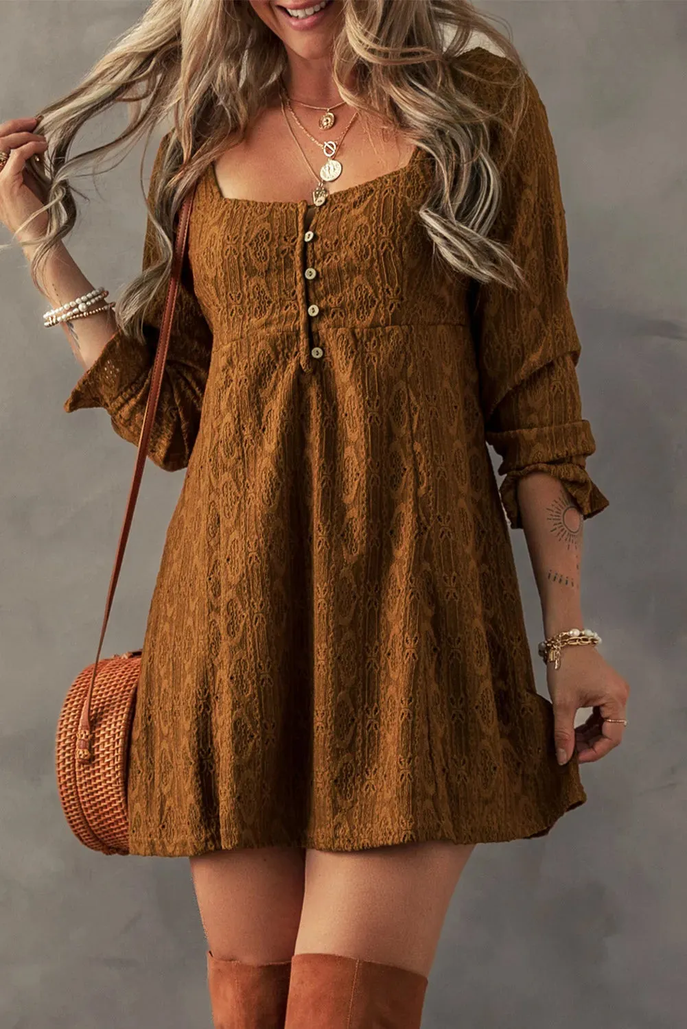 Textured Caramel Square Neck Mini Dress