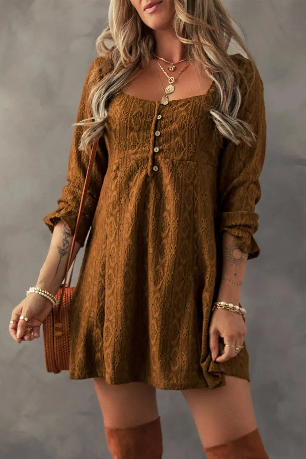 Textured Caramel Square Neck Mini Dress