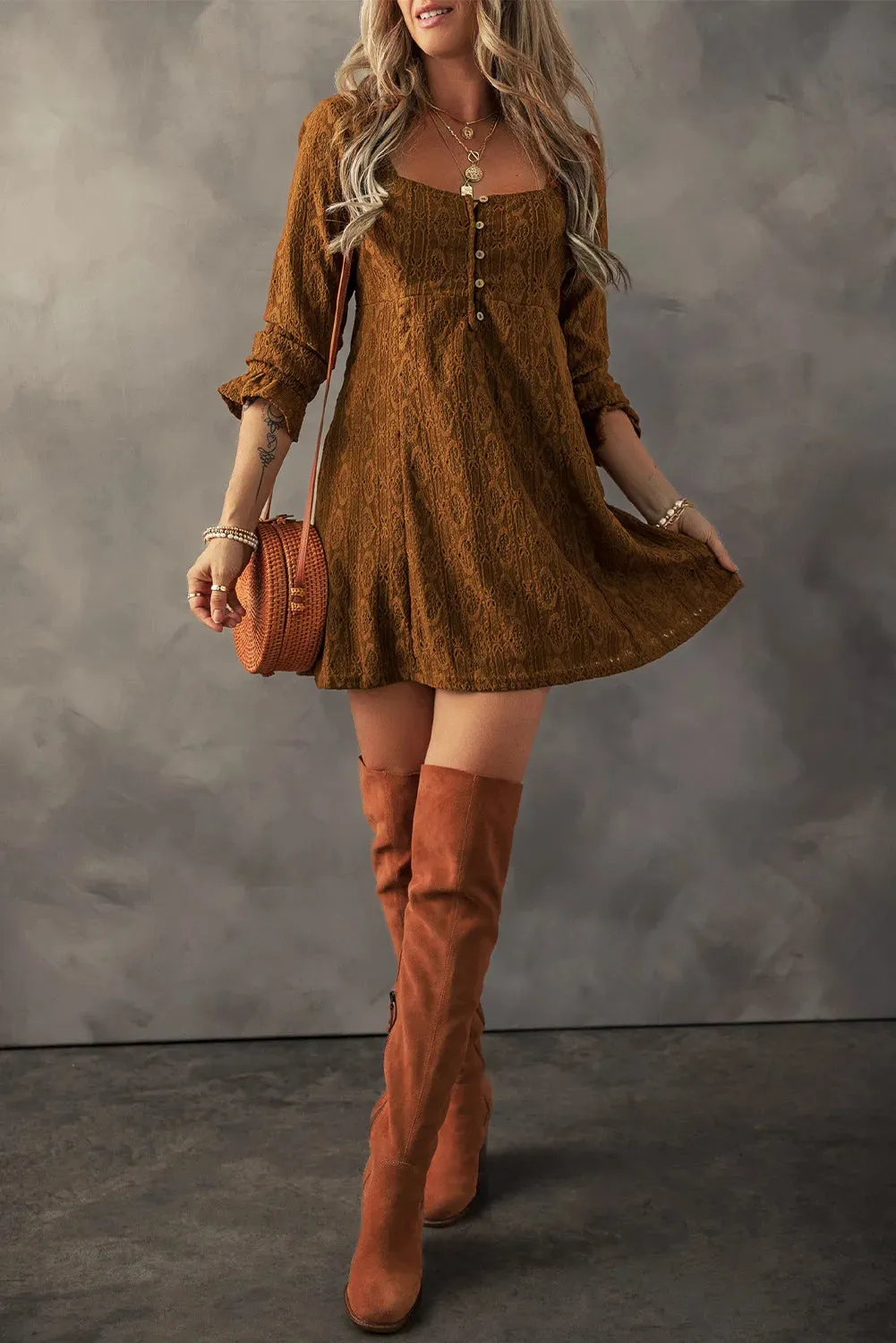 Textured Caramel Square Neck Mini Dress