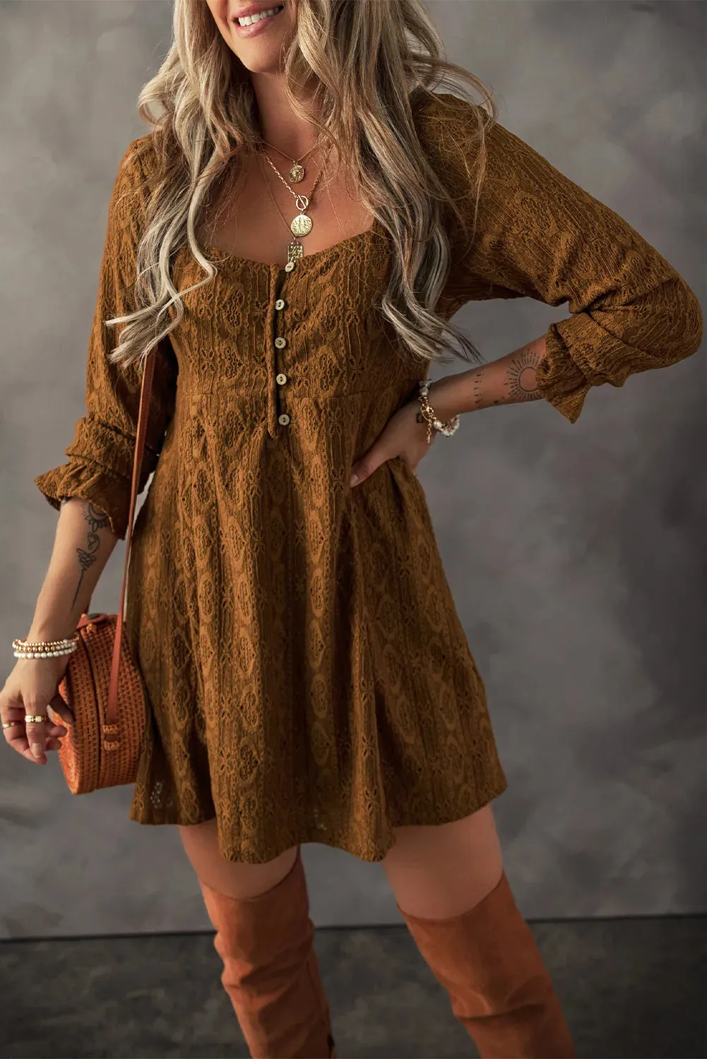 Textured Caramel Square Neck Mini Dress