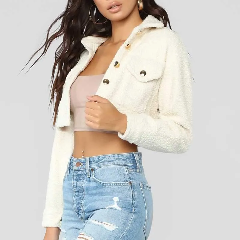 Thick White Short Teddy Faux Fur Cropped Jacket Winter Coats