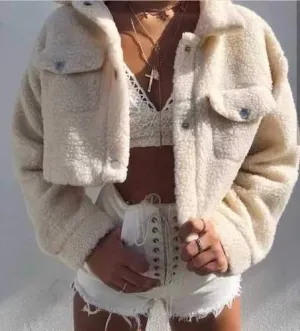 Thick White Short Teddy Faux Fur Cropped Jacket Winter Coats