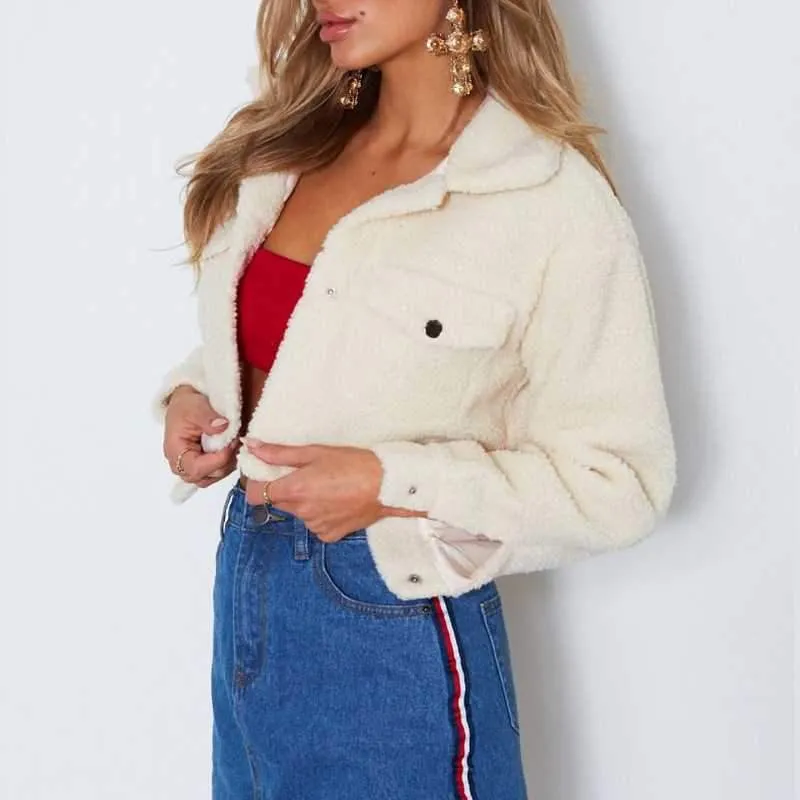 Thick White Short Teddy Faux Fur Cropped Jacket Winter Coats