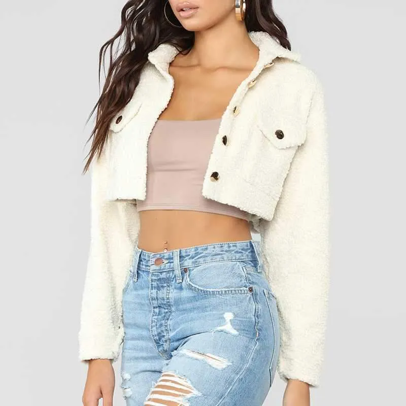 Thick White Short Teddy Faux Fur Cropped Jacket Winter Coats