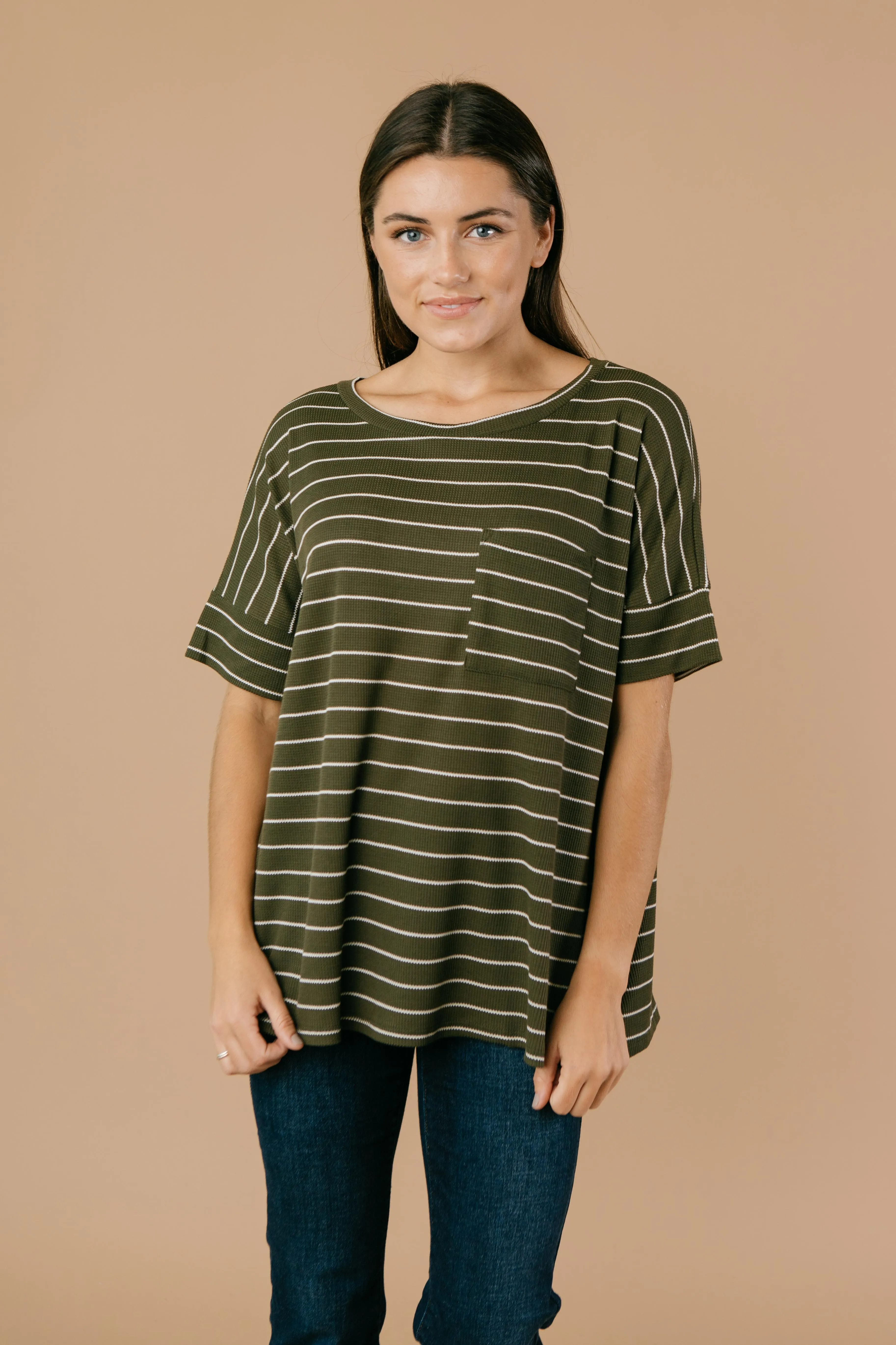 Tow The Line Striped Tee In Olive - On hand