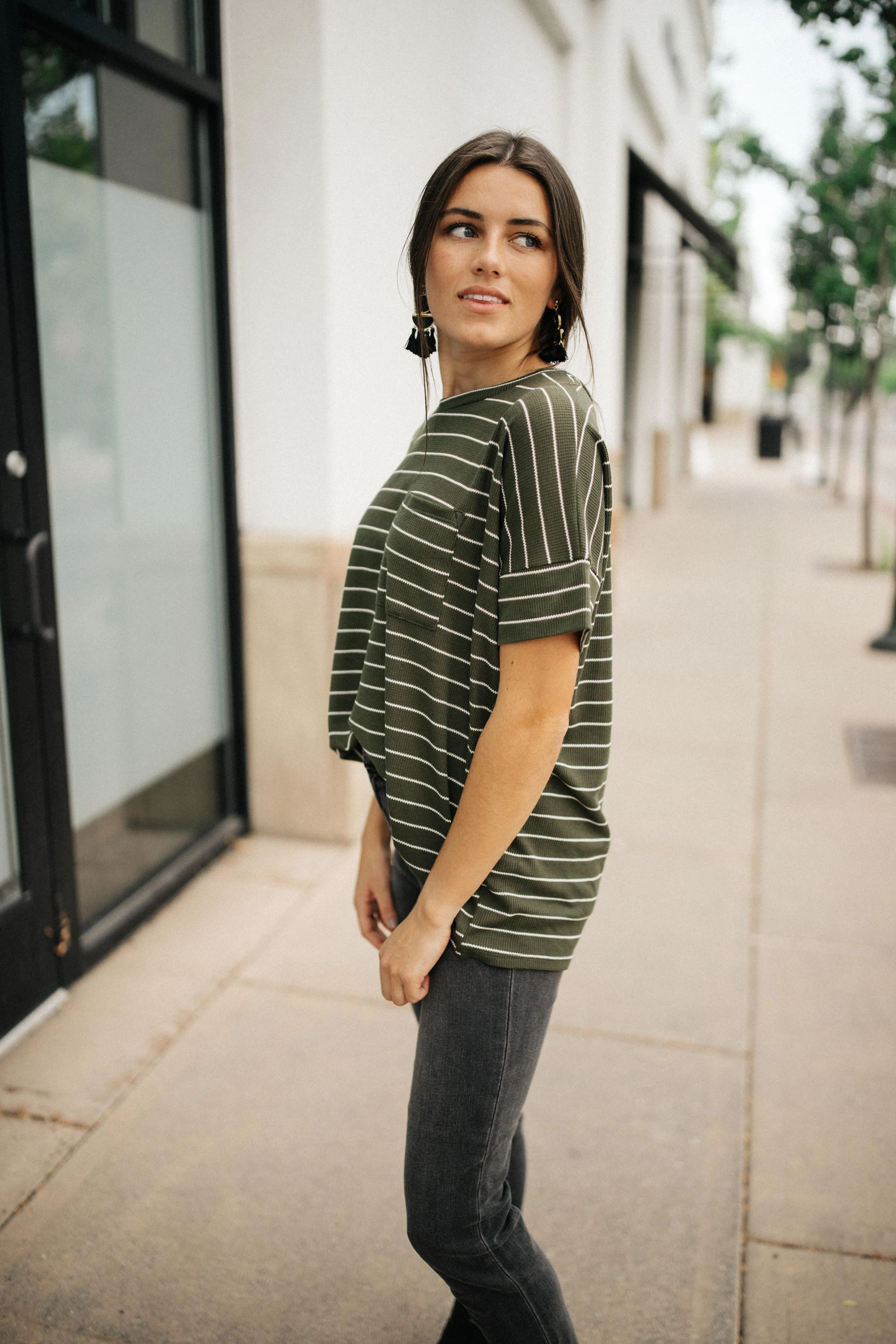 Tow The Line Striped Tee In Olive