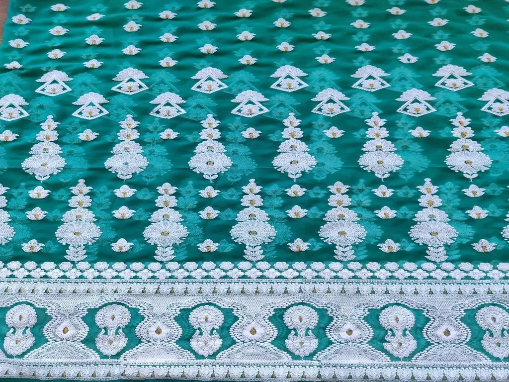 Turquoise Green White Flowers Lakhnawi Embroidered Georgette Fabric