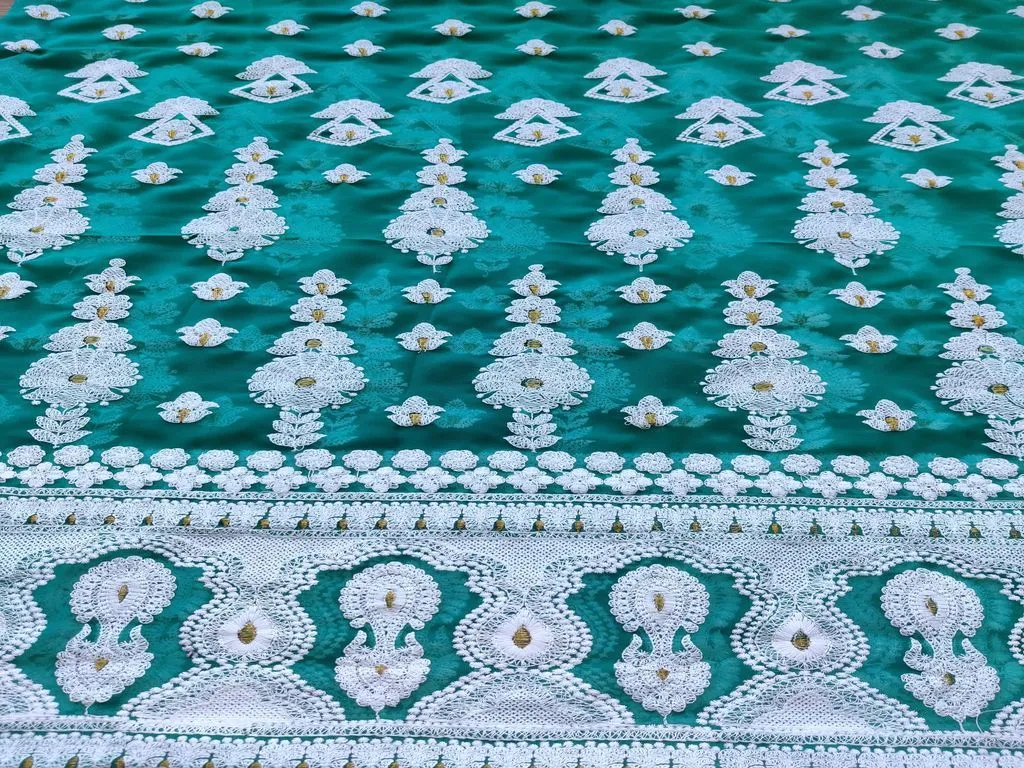 Turquoise Green White Flowers Lakhnawi Embroidered Georgette Fabric