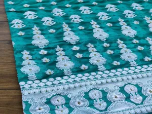 Turquoise Green White Flowers Lakhnawi Embroidered Georgette Fabric