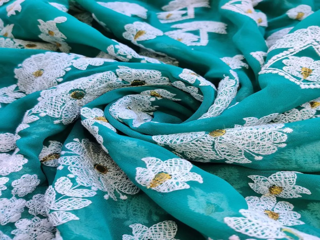 Turquoise Green White Flowers Lakhnawi Embroidered Georgette Fabric